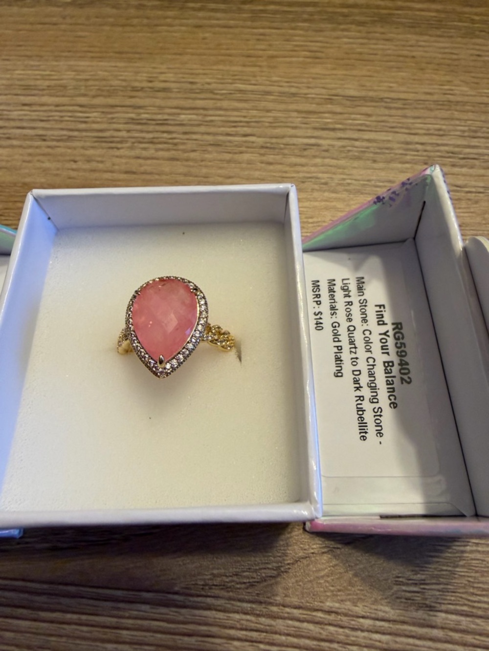 Teardrop Pink Stone Ring with Gold Plated Band
